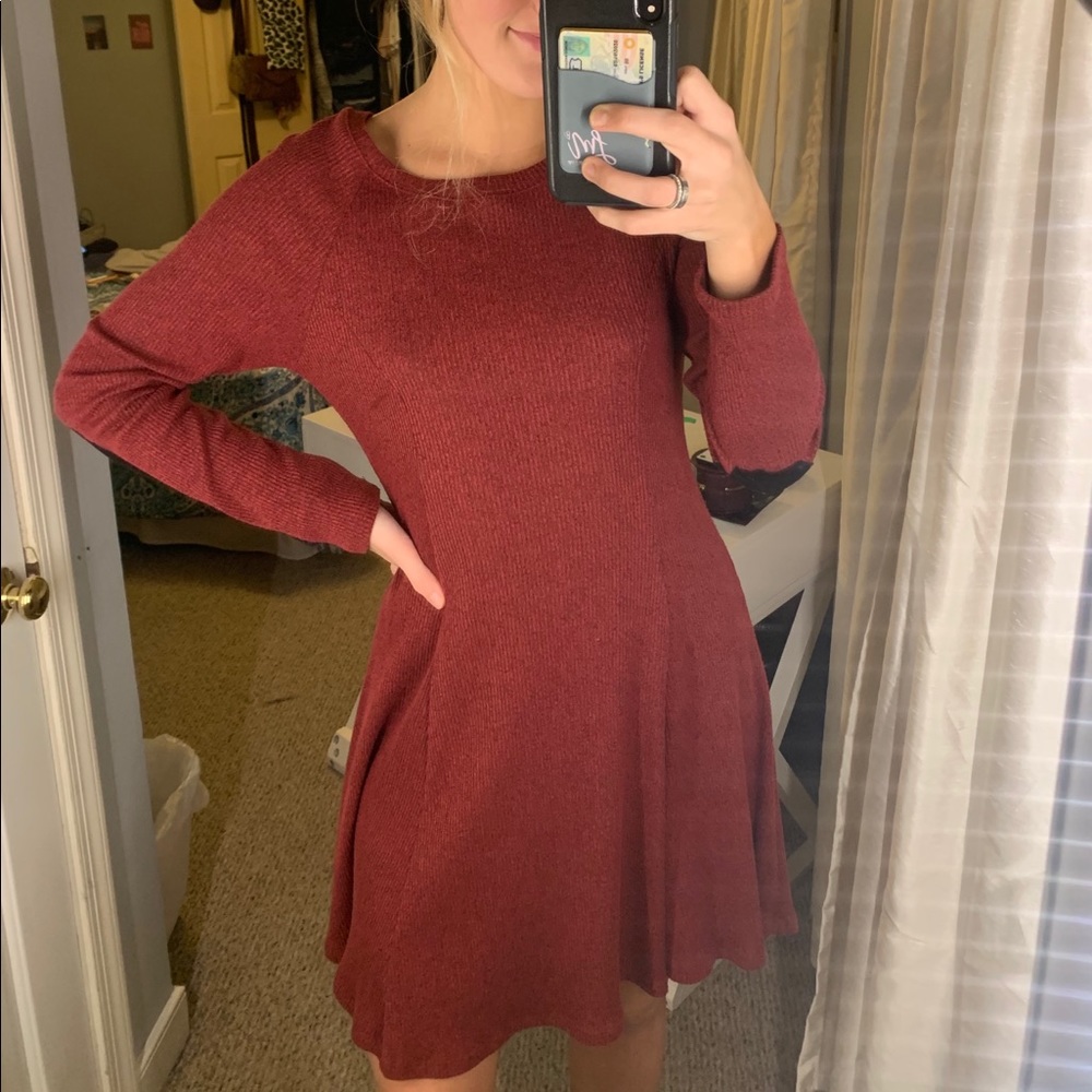 Red long sleeve sweater dress with elbow patches